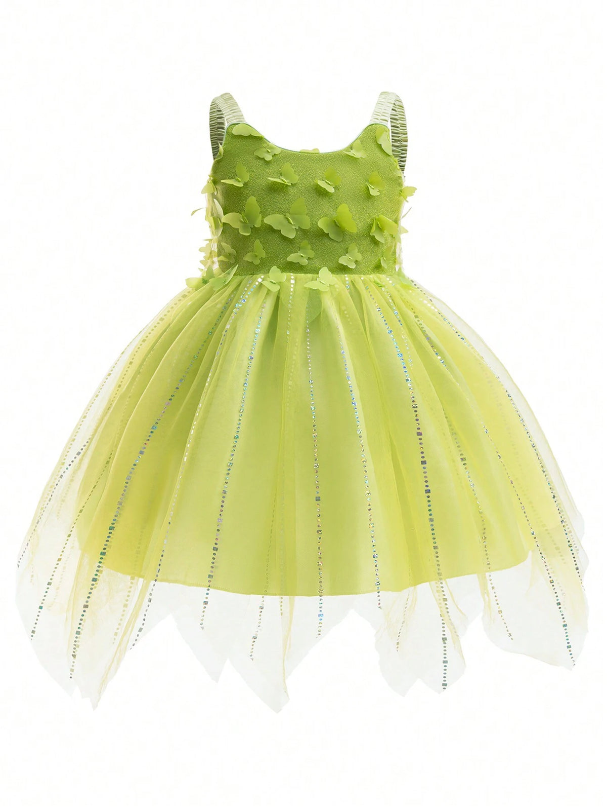 Young Girl Green Style Glitter Tulle Party Dress With Shoulder Straps