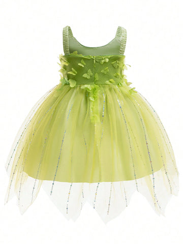 Young Girl Green Style Glitter Tulle Party Dress With Shoulder Straps