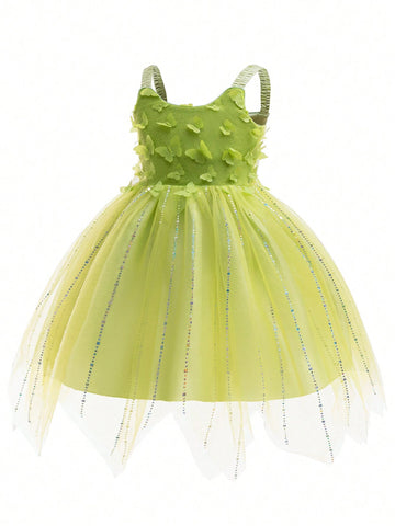 Young Girl Green Style Glitter Tulle Party Dress With Shoulder Straps