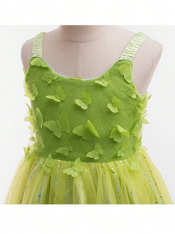 Young Girl Green Style Glitter Tulle Party Dress With Shoulder Straps