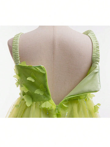 Young Girl Green Style Glitter Tulle Party Dress With Shoulder Straps