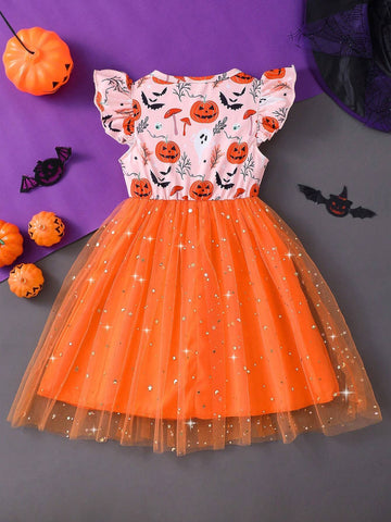 Young Girl Halloween Cap Sleeve Bowknot Mesh Cute Dress