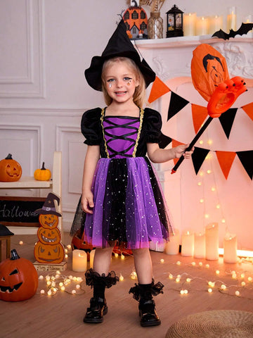 Young Girl Halloween Colorblock Mesh Patchwork Party Dress