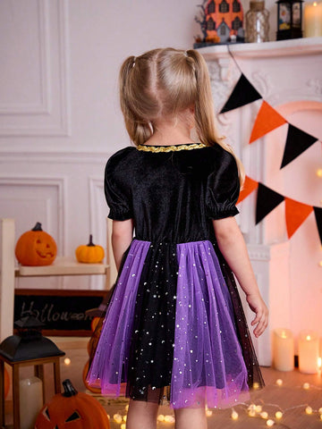 Young Girl Halloween Colorblock Mesh Patchwork Party Dress