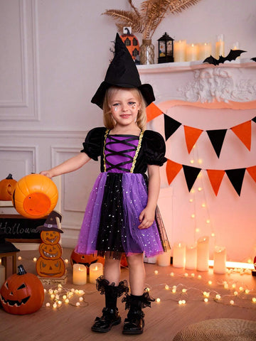 Young Girl Halloween Colorblock Mesh Patchwork Party Dress