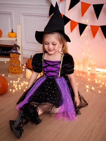 Young Girl Halloween Colorblock Mesh Patchwork Party Dress