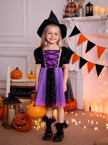 Young Girl Halloween Colorblock Mesh Patchwork Party Dress