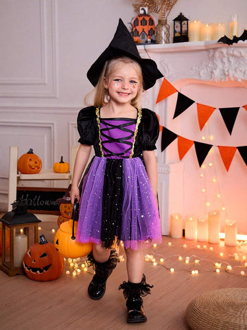 Young Girl Halloween Colorblock Mesh Patchwork Party Dress