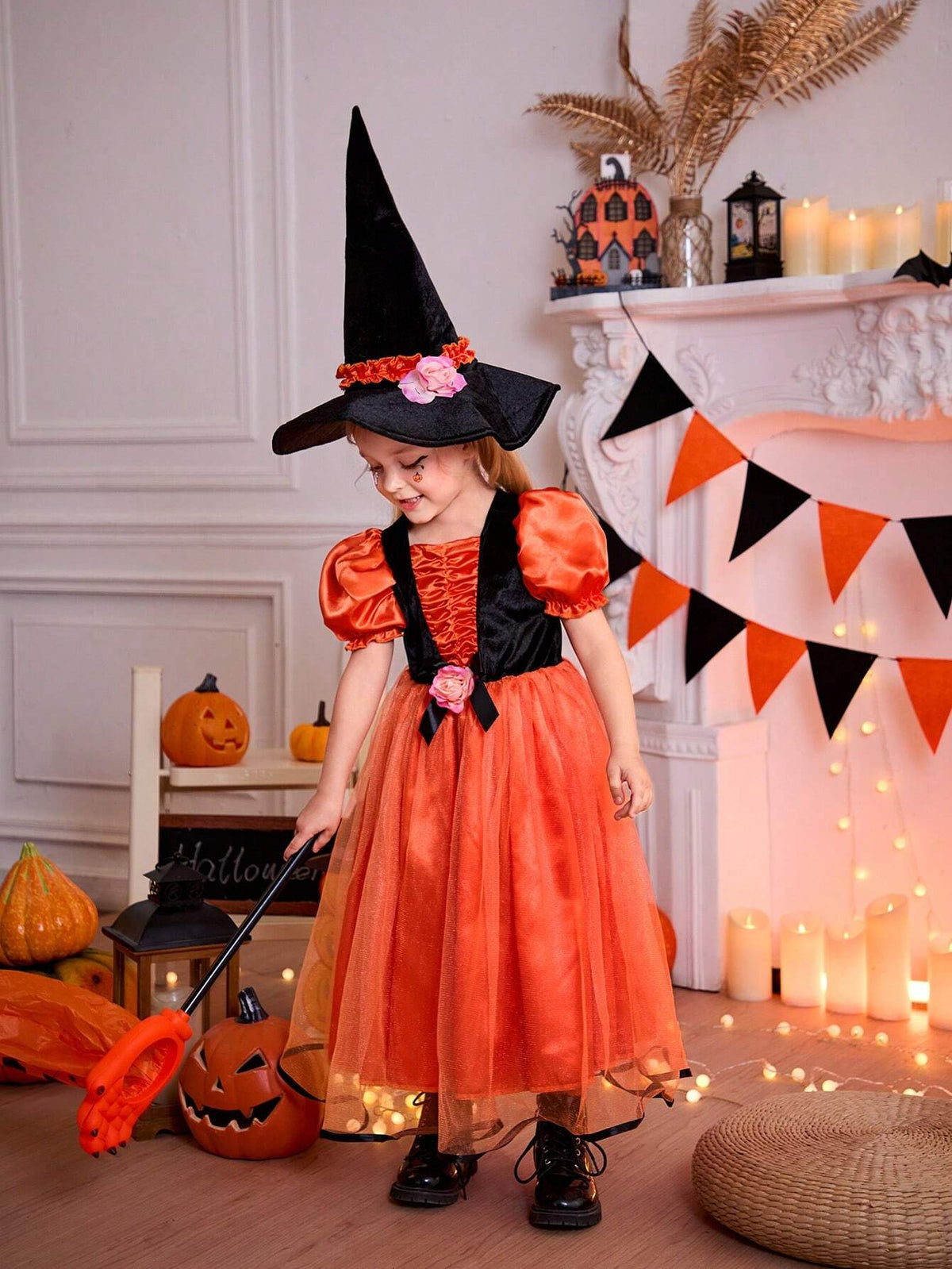 Young Girl Halloween Party Pumpkin Orange Tulle Puff Sleeve Dress & Hat Set, Fancy Costume For Holiday, Party, Family Gathering, Birthday Gift