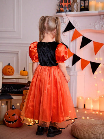 Young Girl Halloween Party Pumpkin Orange Tulle Puff Sleeve Dress & Hat Set, Fancy Costume For Holiday, Party, Family Gathering, Birthday Gift
