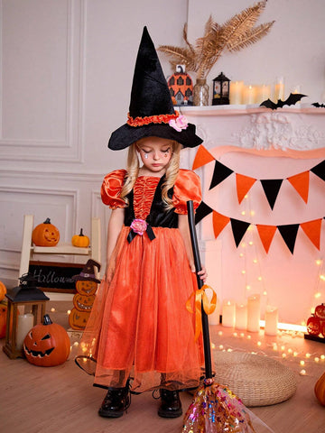 Young Girl Halloween Party Pumpkin Orange Tulle Puff Sleeve Dress & Hat Set, Fancy Costume For Holiday, Party, Family Gathering, Birthday Gift
