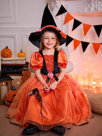 Young Girl Halloween Party Pumpkin Orange Tulle Puff Sleeve Dress & Hat Set, Fancy Costume For Holiday, Party, Family Gathering, Birthday Gift