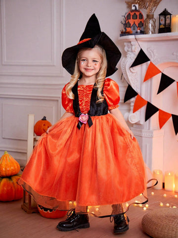 Young Girl Halloween Party Pumpkin Orange Tulle Puff Sleeve Dress & Hat Set, Fancy Costume For Holiday, Party, Family Gathering, Birthday Gift