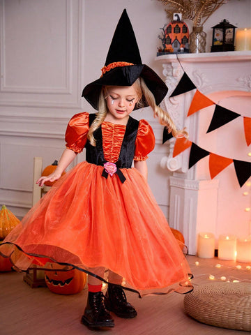Young Girl Halloween Party Pumpkin Orange Tulle Puff Sleeve Dress & Hat Set, Fancy Costume For Holiday, Party, Family Gathering, Birthday Gift