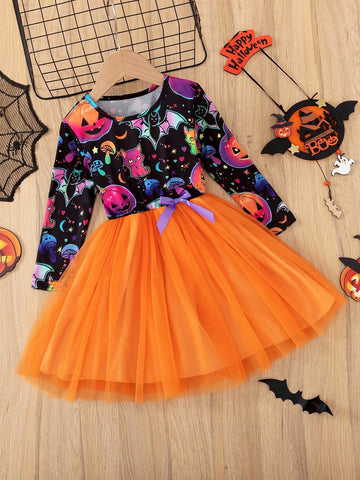 Young Girl Halloween Patchwork Print Long Sleeve Bow Decor A-Line Dress