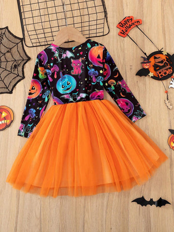 Young Girl Halloween Patchwork Print Long Sleeve Bow Decor A-Line Dress