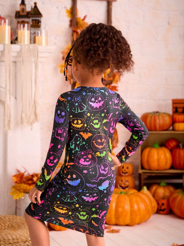 Young Girl Halloween Pattern Knit Bodycon Casual Dress