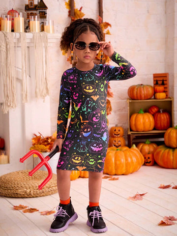 Young Girl Halloween Pattern Knit Bodycon Casual Dress