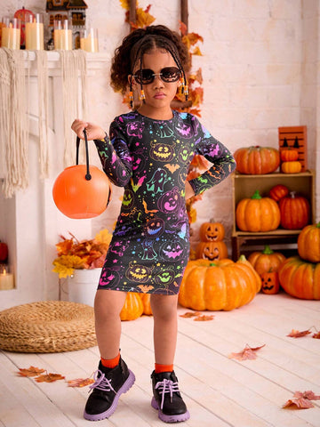 Young Girl Halloween Pattern Knit Bodycon Casual Dress