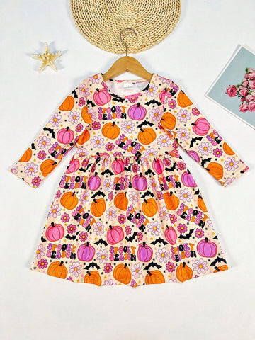 Young Girl Halloween Pumpkin Digital Printing Long Sleeve Casual Dress