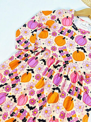 Young Girl Halloween Pumpkin Digital Printing Long Sleeve Casual Dress
