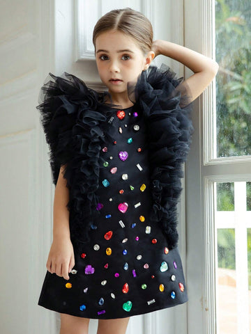 Young Girl Handmade Diamond Net Sleeveless Princess Dress, Suitable For Birthday Party, Halloween Cosplay, Formal Events, Holiday Occasion