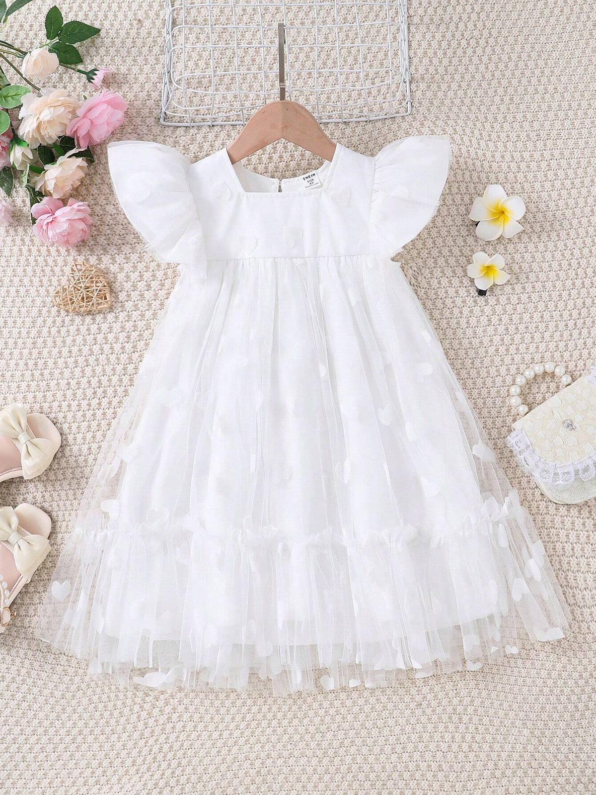 Young Girl Heart-Shaped Mesh Flare Sleeve Dress