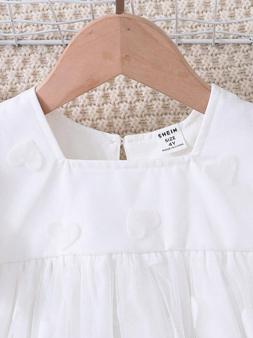 Young Girl Heart-Shaped Mesh Flare Sleeve Dress