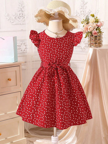 Young Girl Heart All-Over Print Cap Sleeve Dress