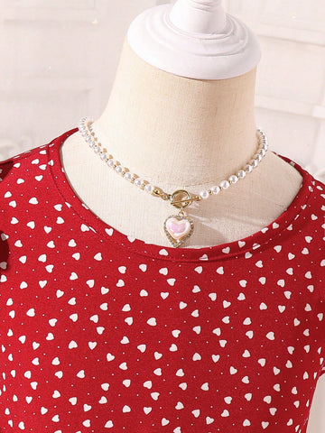 Young Girl Heart All-Over Print Cap Sleeve Dress