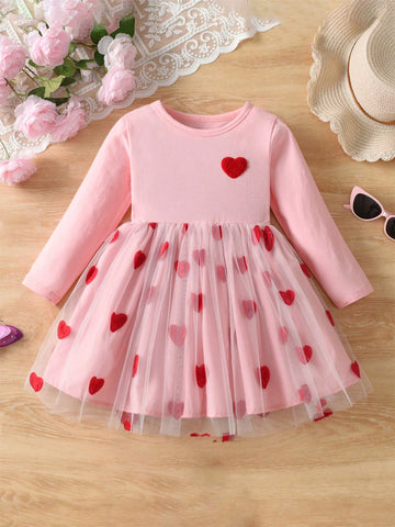 Young Girl Heart Embroidery Contrast Mesh Dress