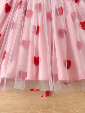 Young Girl Heart Embroidery Contrast Mesh Dress