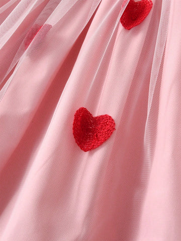 Young Girl Heart Embroidery Contrast Mesh Dress