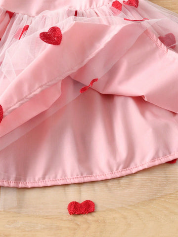 Young Girl Heart Embroidery Contrast Mesh Dress