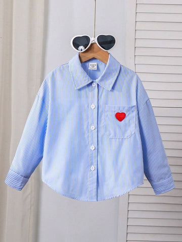 Young Girl Heart Embroidery Drop Shoulder Striped Shirt,Great For Casual & Daily Wear & School Daily In Summer & Autumn