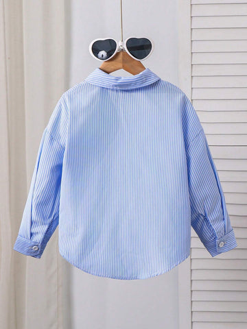 Young Girl Heart Embroidery Drop Shoulder Striped Shirt,Great For Casual & Daily Wear & School Daily In Summer & Autumn