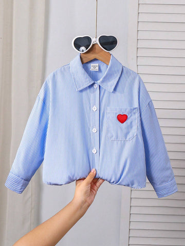 Young Girl Heart Embroidery Drop Shoulder Striped Shirt,Great For Casual & Daily Wear & School Daily In Summer & Autumn