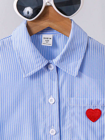 Young Girl Heart Embroidery Drop Shoulder Striped Shirt,Great For Casual & Daily Wear & School Daily In Summer & Autumn