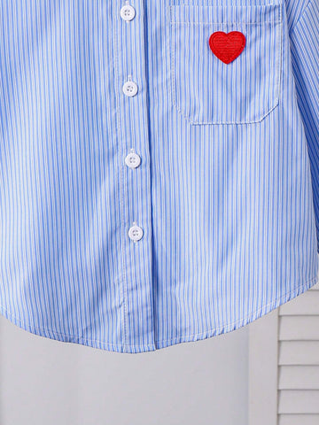 Young Girl Heart Embroidery Drop Shoulder Striped Shirt,Great For Casual & Daily Wear & School Daily In Summer & Autumn