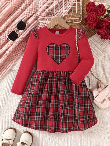 Young Girl' Heart Embroidery Ruffled Plaid Christmas Dress