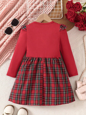 Young Girl' Heart Embroidery Ruffled Plaid Christmas Dress