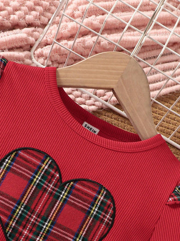 Young Girl' Heart Embroidery Ruffled Plaid Christmas Dress