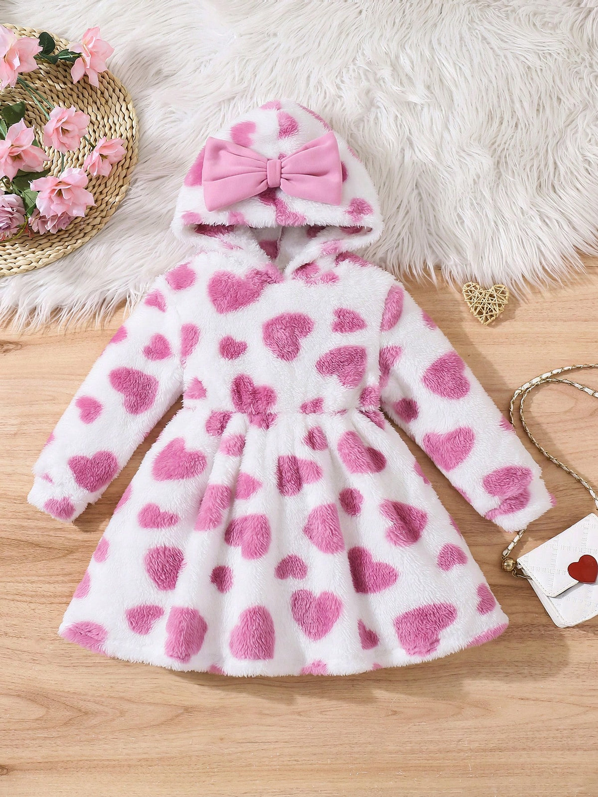Young Girl Heart Pattern Knit Fitted Casual Hooded Dress