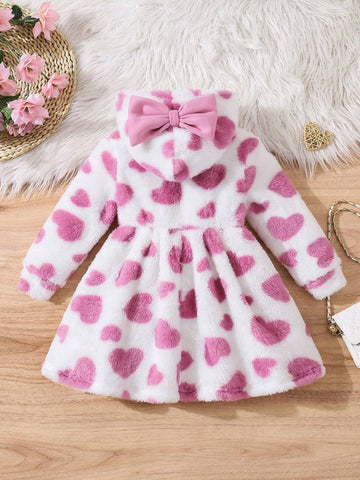 Young Girl Heart Pattern Knit Fitted Casual Hooded Dress