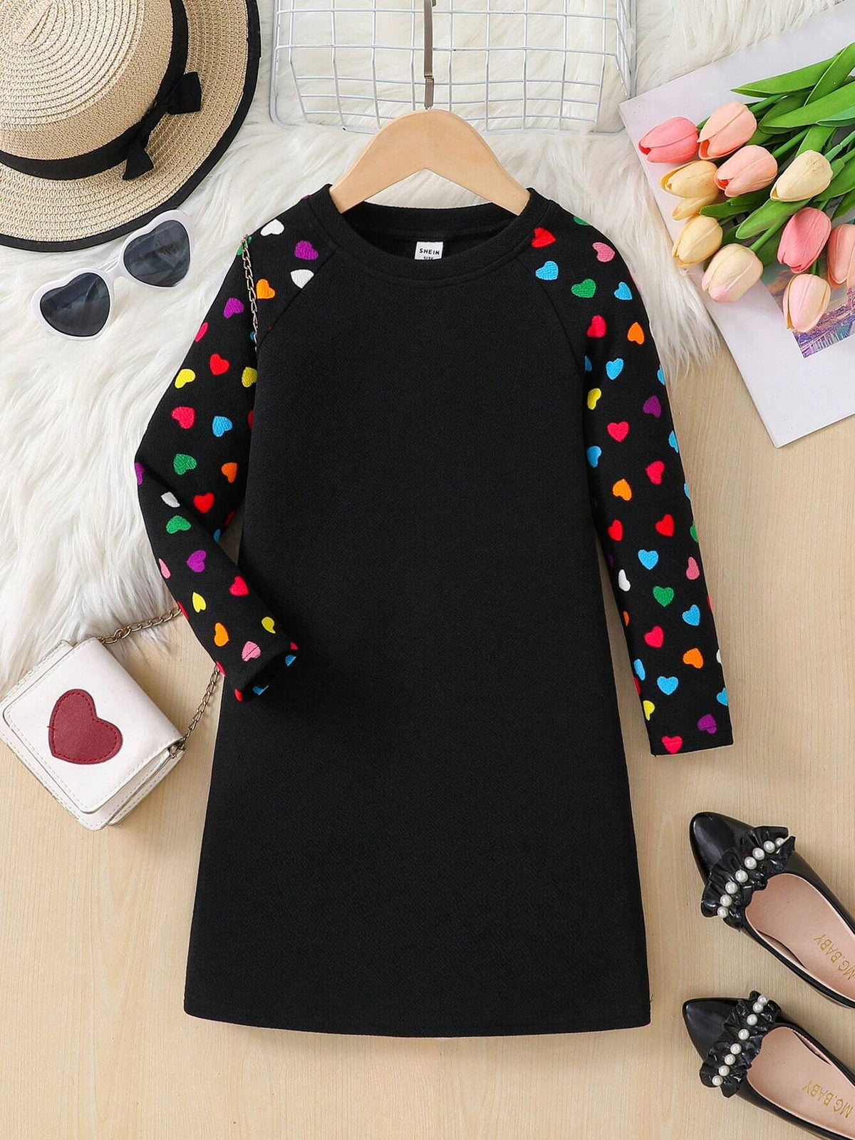 Young Girl Heart Pattern Knitted Round Neck Raglan Sleeve Loose Dress
