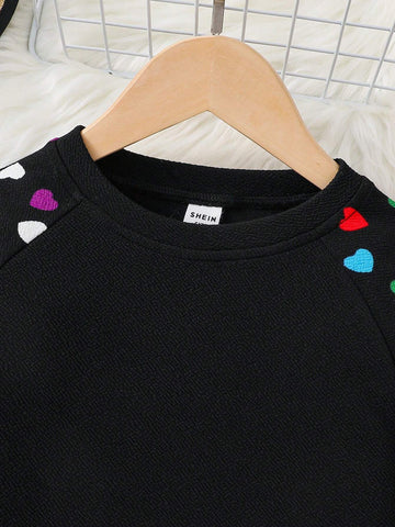 Young Girl Heart Pattern Knitted Round Neck Raglan Sleeve Loose Dress