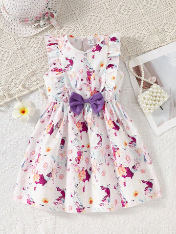 Young Girl Heart Pattern Ruffle Trim Bow Tie Decor Dress, Summer