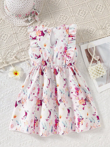 Young Girl Heart Pattern Ruffle Trim Bow Tie Decor Dress, Summer