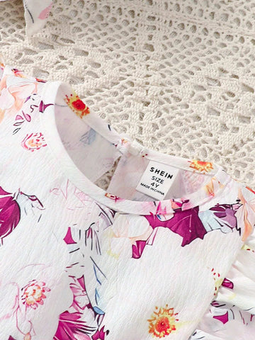 Young Girl Heart Pattern Ruffle Trim Bow Tie Decor Dress, Summer
