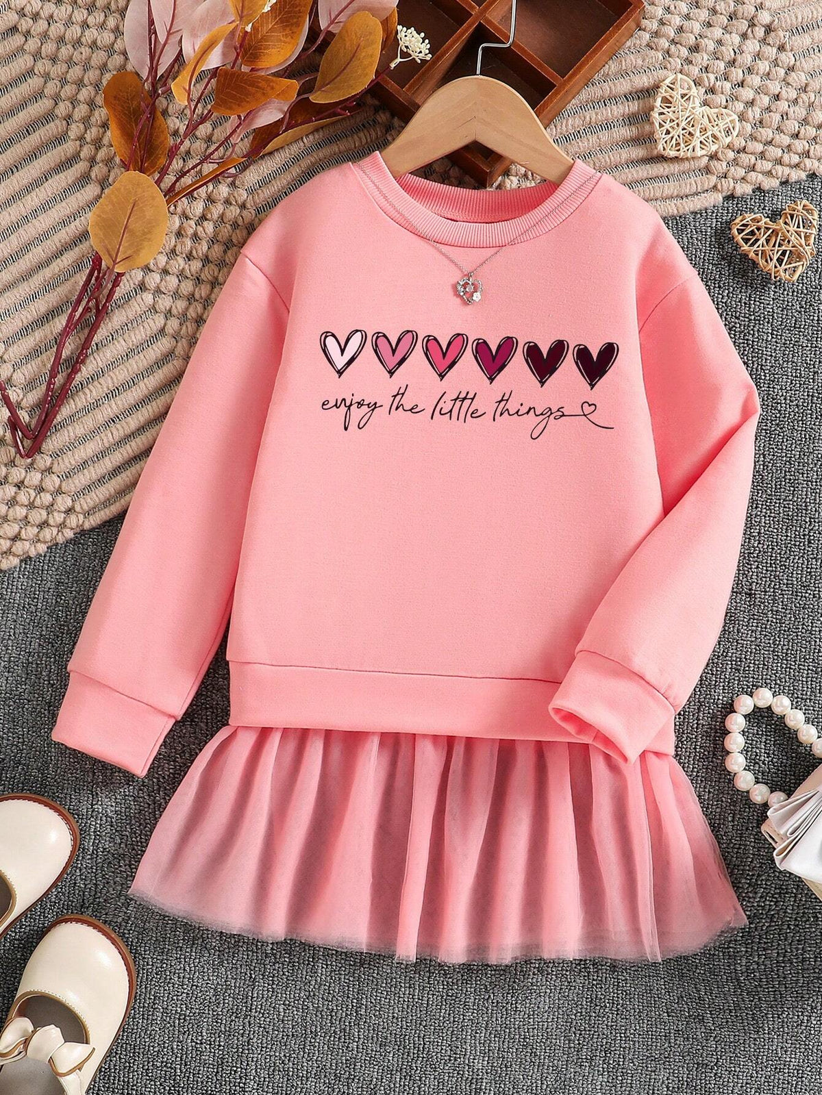 Young Girl' Heart Print Colorblock Mesh Knit 2-In-1 Sweatshirt Dress